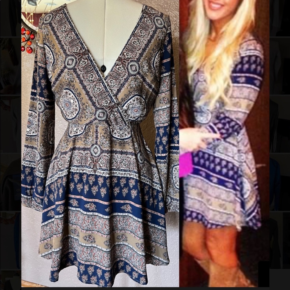 Very flattering boho print midi dress with shaped waist